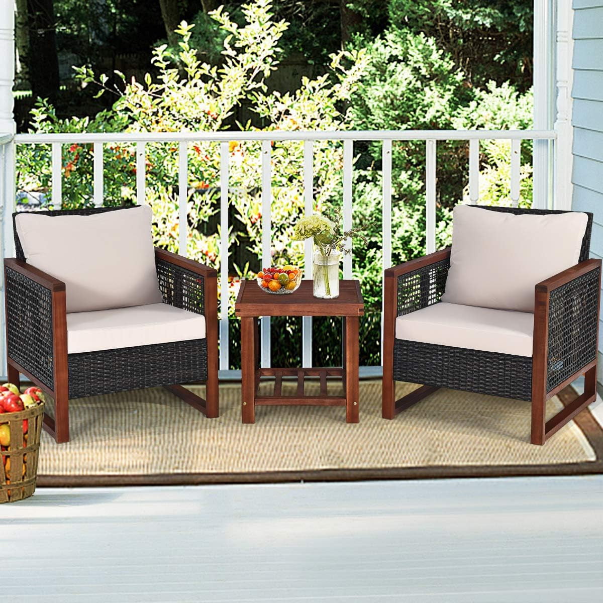 3 Pieces Outdoor Patio Furniture Set Wicker Chairs with Coffee Table, Balcony Porch Furniture Bistro Set with Wood Frame and Washable Cushions for Garden Poolside Backyard Lootquake LLC