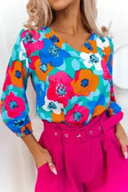Floral V-Neck Blouse - 3/4 Sleeve Office Wear | Femstylo