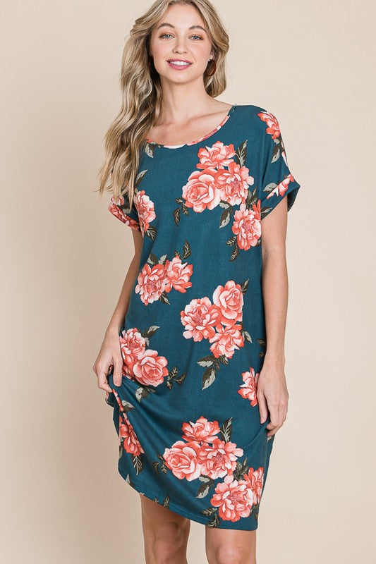 New Summer Floral Round Neck Short Tee Dress with Pockets For Women – Casual and Comfortable Floral Tee Dress with Pockets for Everyday Wear Stevvex