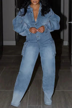 Women's Denim Cargo Jumpsuit Puff Sleeve Zipper Lantern Sleeve Jeans Harajuku Plus Size Casual Pockets Rompers Overall Outfit Purplish Diva
