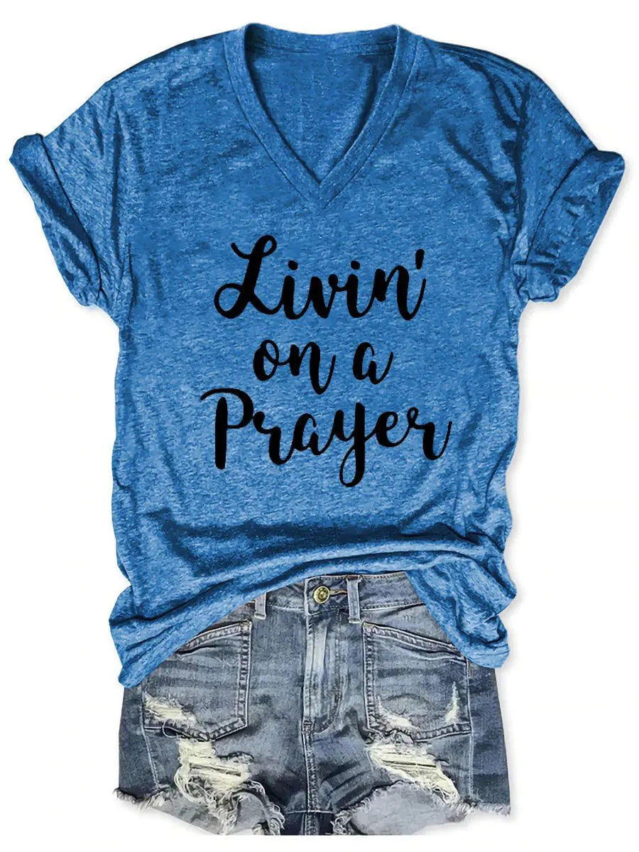 Women's Livin' On A Prayer V-Neck Shirt Pi-Mart