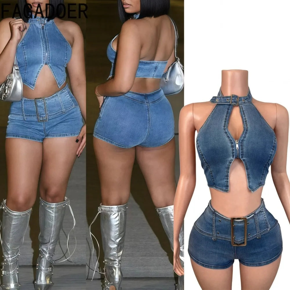 FAGADOER Y2K Sexy Denim 2 Piece Sets Woman Outfit Zipper Sleeveless Backless Halter Crop Top and Shorts Suits Female Streetwear Purplish Diva