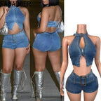 FAGADOER Y2K Sexy Denim 2 Piece Sets Woman Outfit Zipper Sleeveless Backless Halter Crop Top and Shorts Suits Female Streetwear Purplish Diva