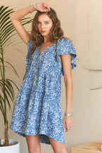 New Summer Printed V-Neck Ruffle Sleeve Mini Dress For Summer – Feminine Floral Print Dress, Stylish, Fashionable, Flirty & Fun