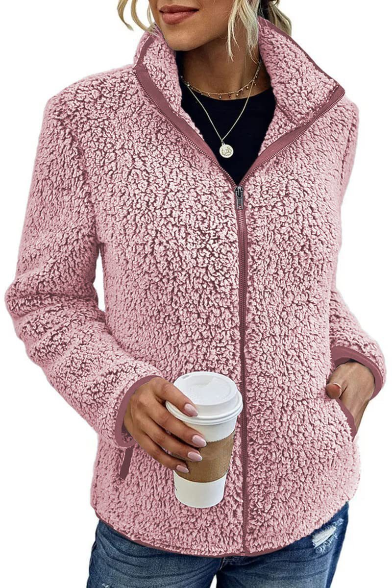 Fall Winter Warm Sweatshirt Stand Collar Solid Color Top Sweater Women's Casual Fashion Long Sleeve Zipper Bubble Velvet Coat Tops Pi-Mart