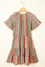 Red Bohemian Floral Print Buttoned V Neck Ruffle Tiered Dress