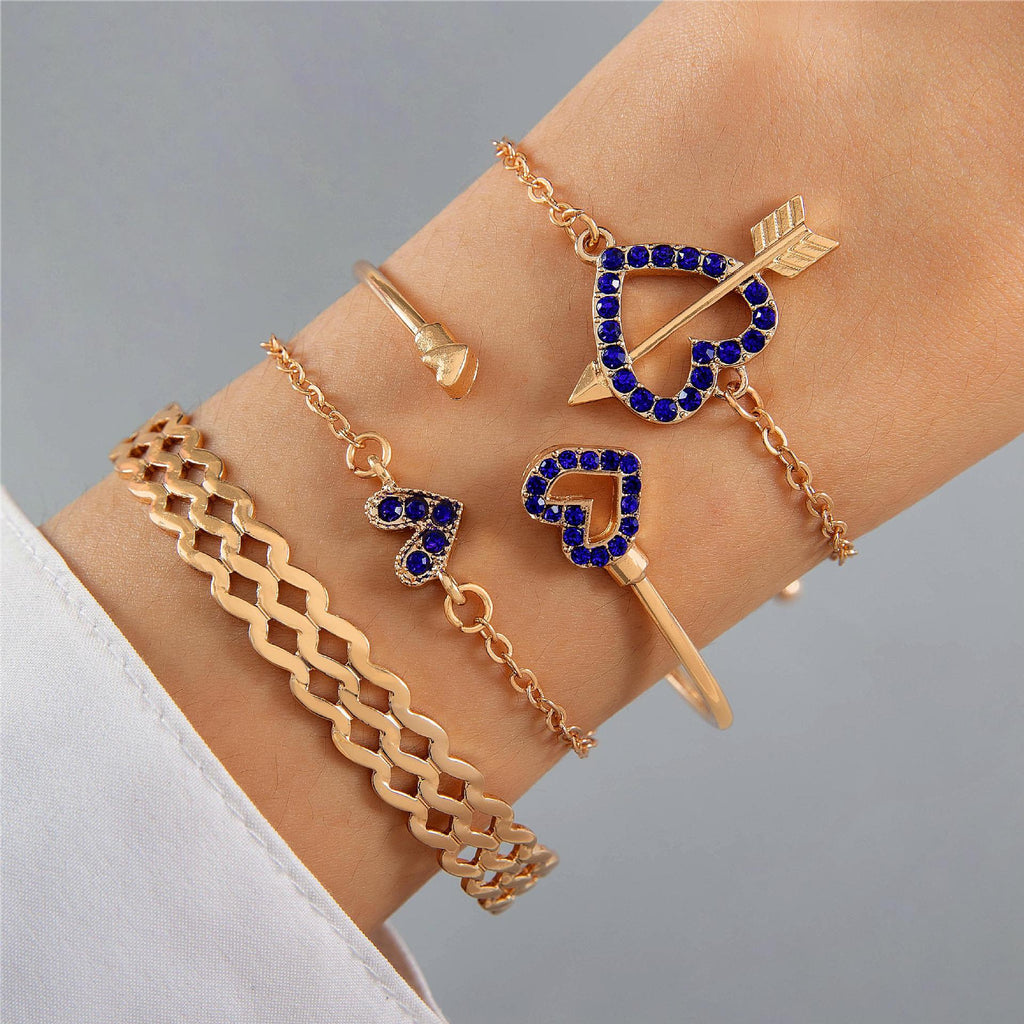 4pcs Blue Flower Love Butterfly Bracelet Set With Rhinestones Design Valentines Day Pi-Mart