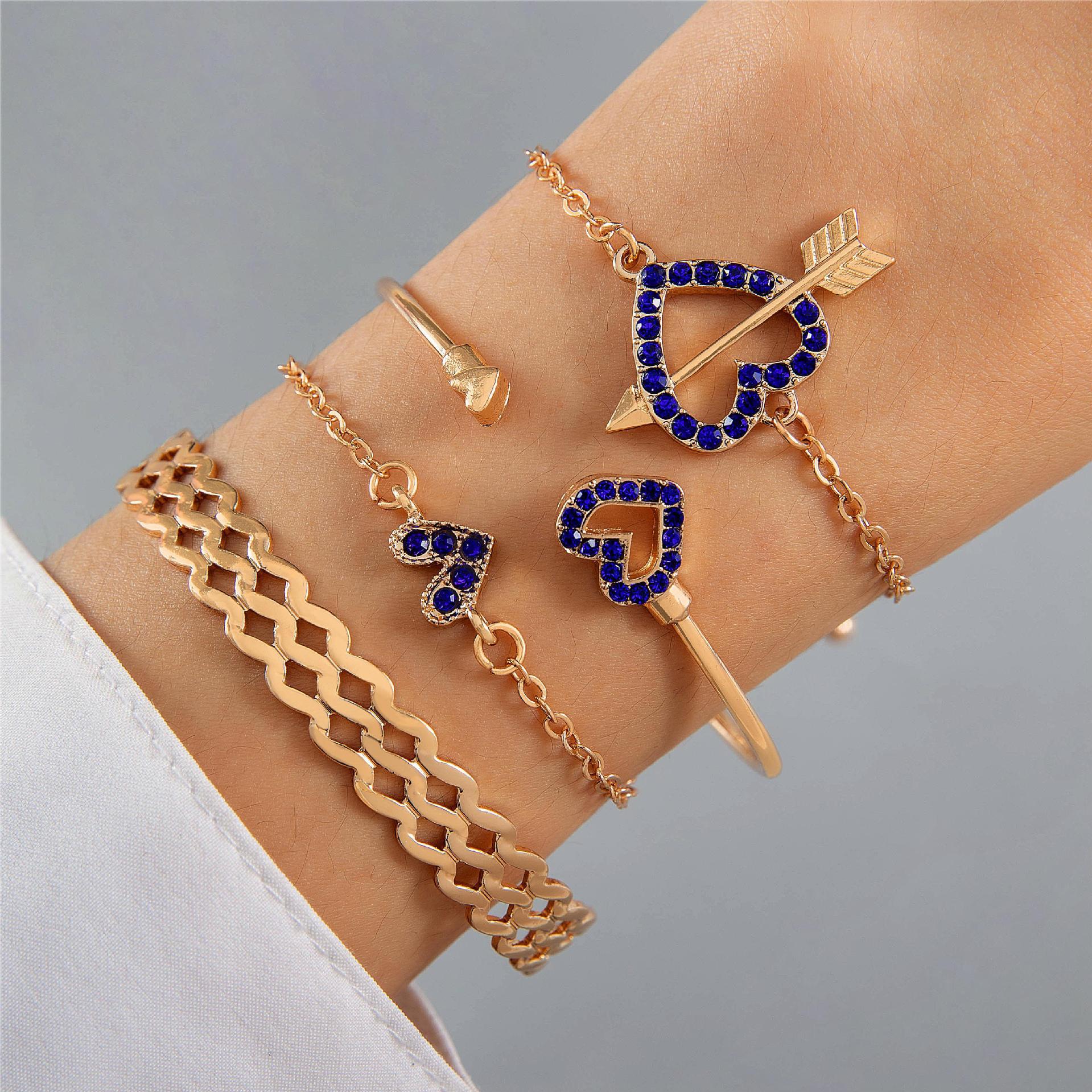 4pcs Blue Flower Love Butterfly Bracelet Set With Rhinestones Design Valentines Day Pi-Mart