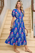 Blue Floral Ruffle Hem Pop of Color Neckline Dress