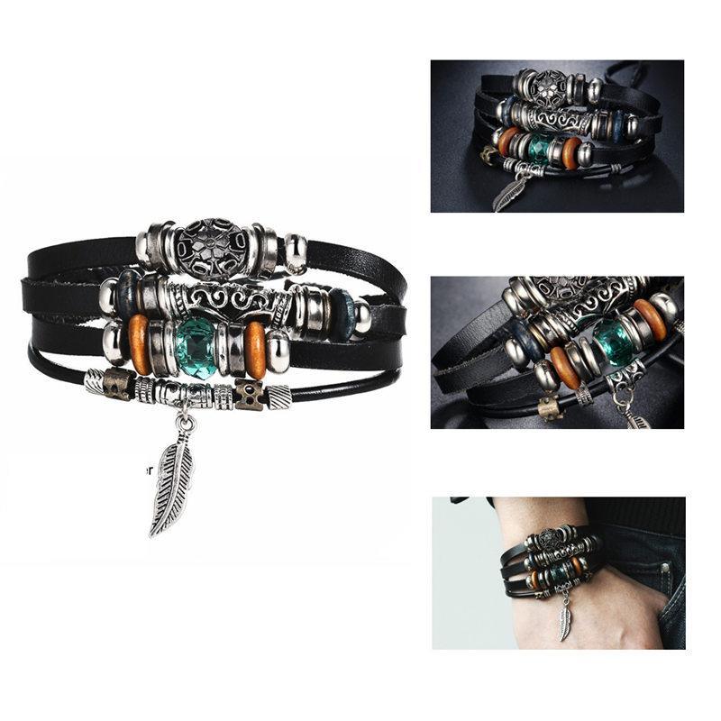 BOHO Tibet Stone Feather Multilayer Leather Bracelet Eye Fish Charms Beads Bracelets For Men Vintage Punk Wrap Wristband Cool Jewelry - SJB-DIAMOND ELITES