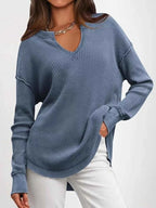 Slit Notched Long Sleeve T-Shirt