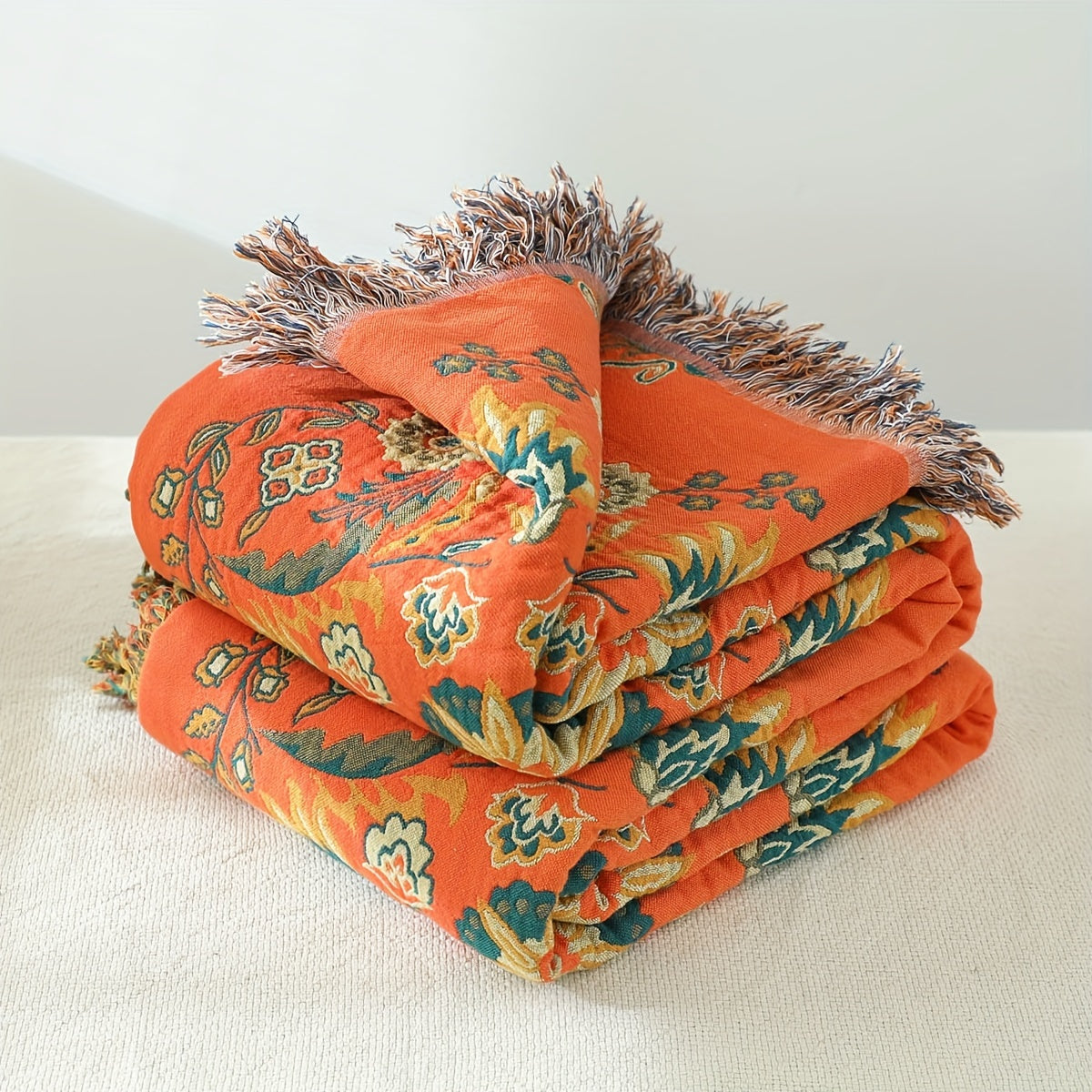 1pc Floral Sofa Towel Blanket With Tassel, Cotton Printed Blanket, Vintage Floral Pattern, Sofa Blanket, Air Conditioning Blanket, Nap Blanket