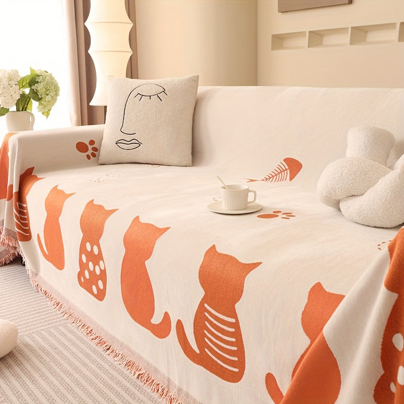 1pc Chenille Cat Cartoon Sofa Cover Blanket Four Seasons Universal Simple Double-sided Multi-functional Sofa Throw Blanket Couch Cover For Living Room Home Decor
