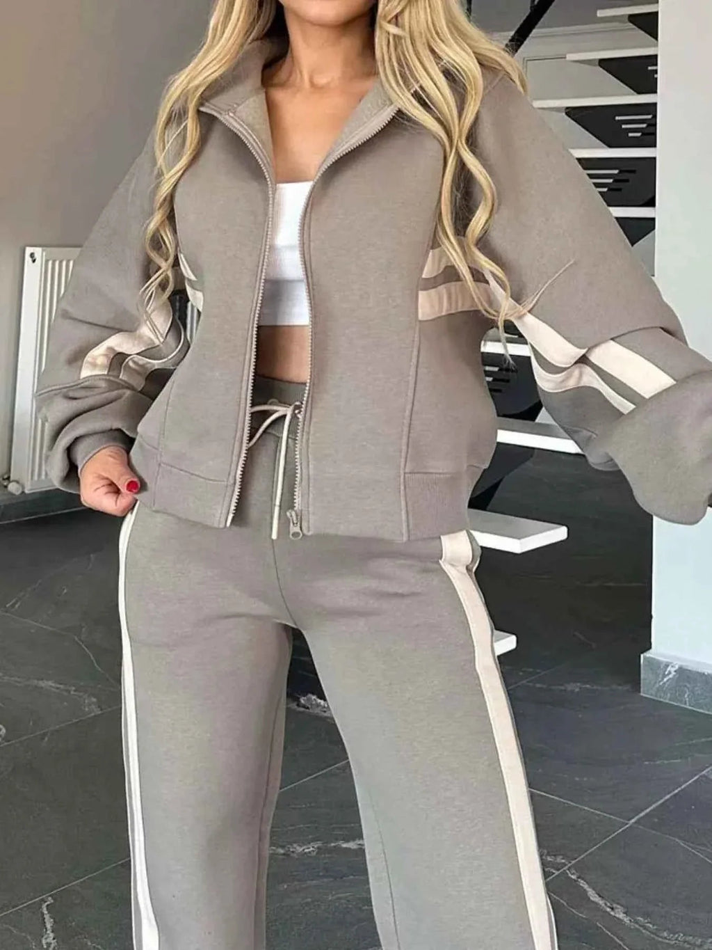 Plus Stripes Zip Set: Full-Size Comfort Duo THRIXINE