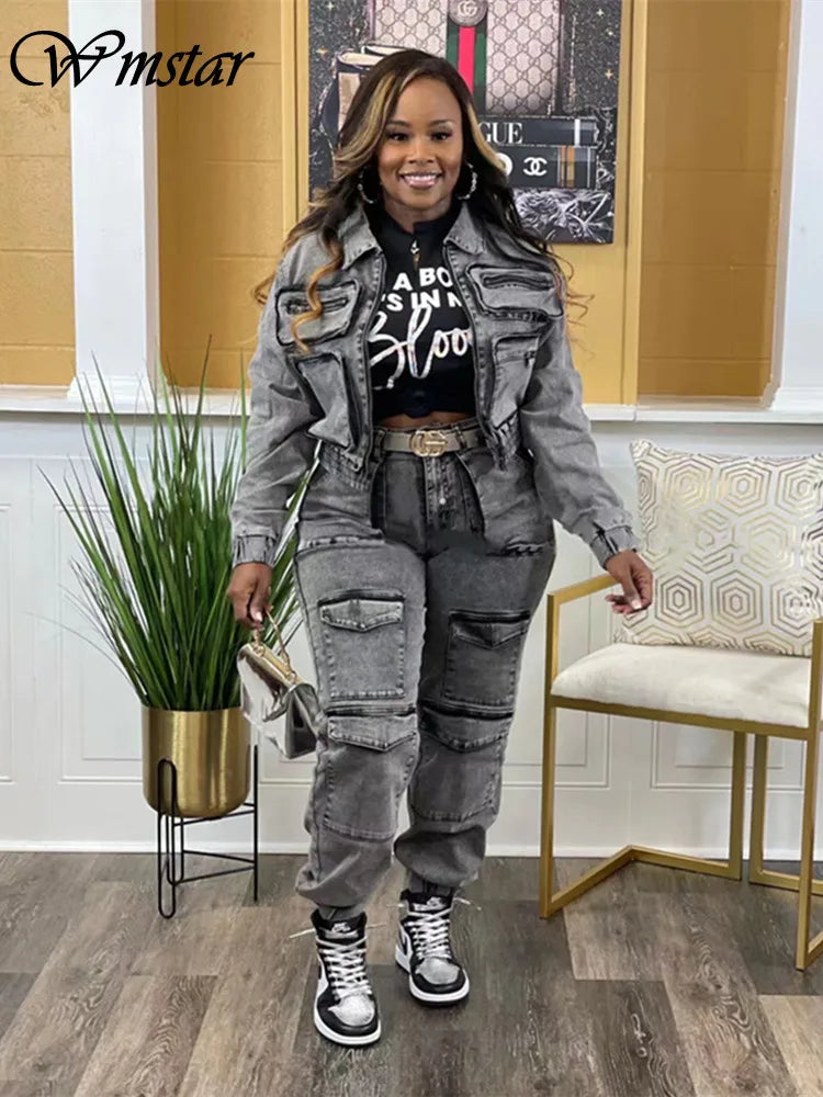 Wmstar Denim Two Piece Set Women Jacket Coat Top Jeans Cargo Pants Cool New in Winter Matching Clothes Wholesale Dropshipping Purplish Diva