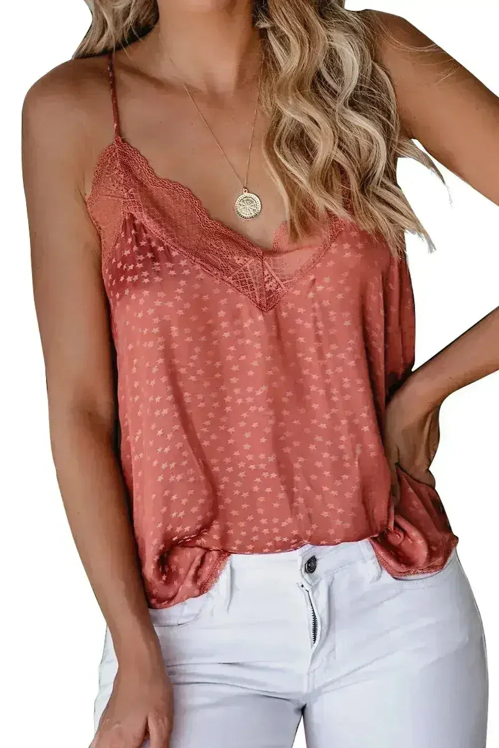Spaghetti Strap Printed Lace Tank Top - SJB-DIAMOND ELITES