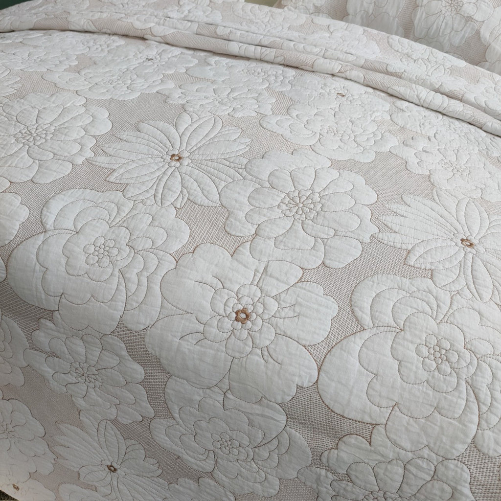 Cotton Thickened Pure White Beige Camellia Embroidery Three-piece Bed Cover Set Pi-Mart
