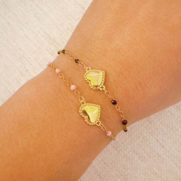 Dainty Heart Chain Bracelet With Color Dot Beads Gold