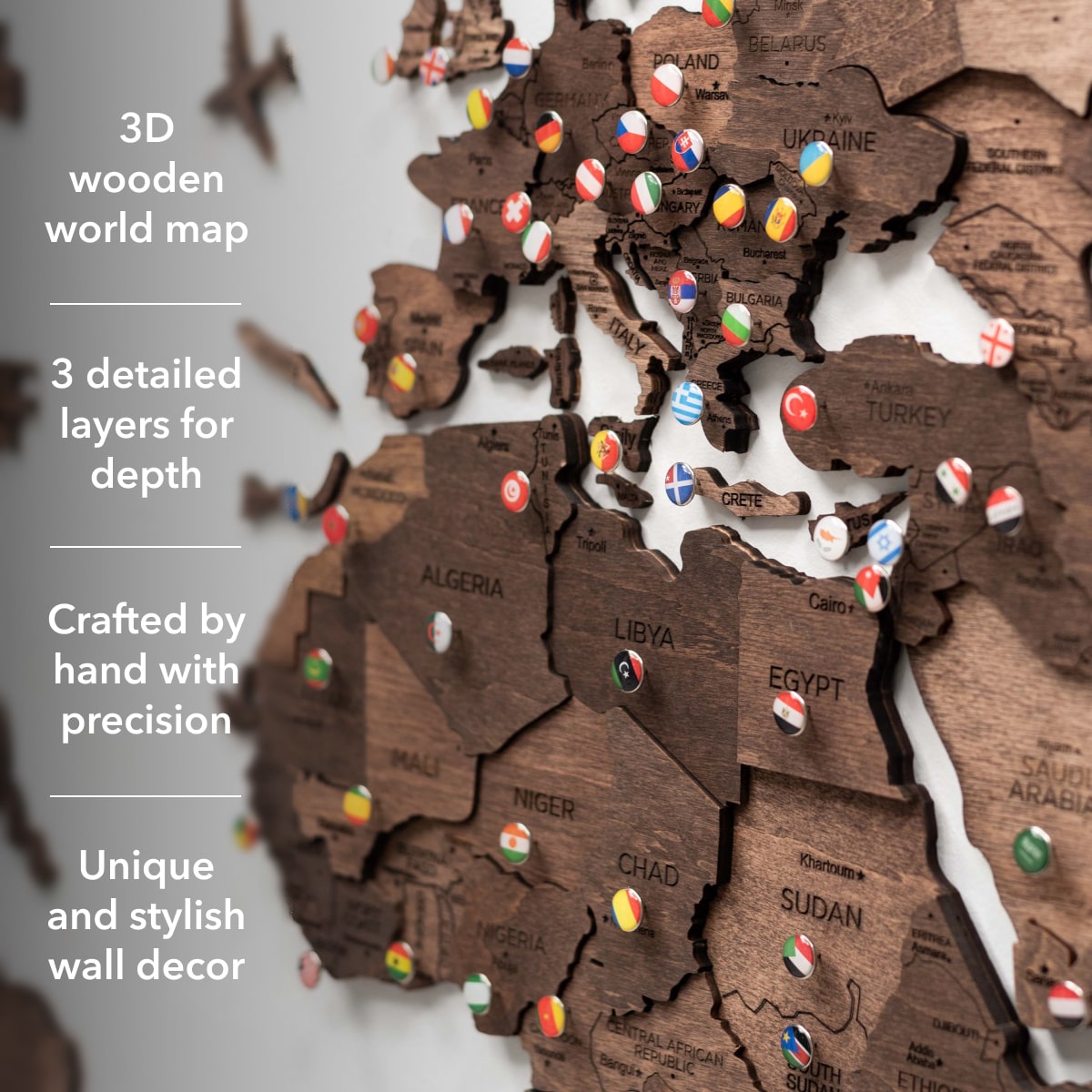 3D Wooden World Map Dark Walnut Enjoy The Wood