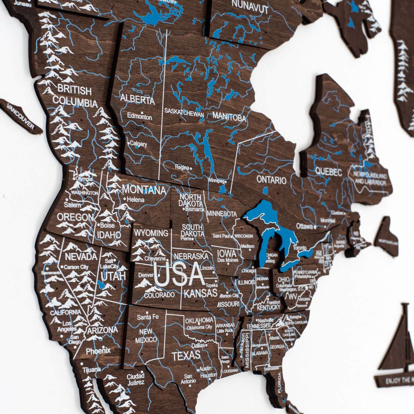 3D Wooden World Map Dark Walnut Enjoy The Wood