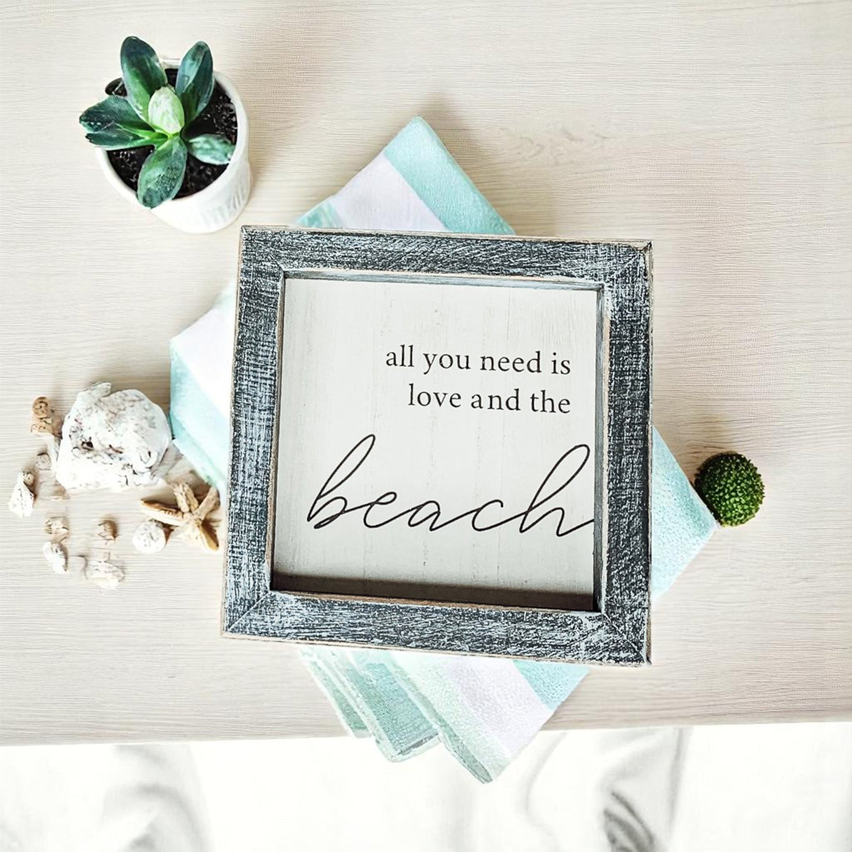 Love And Beach Wooden Sign 5x5 Beach House Wall Decor Distressed Gray Frame BandsCo Straps