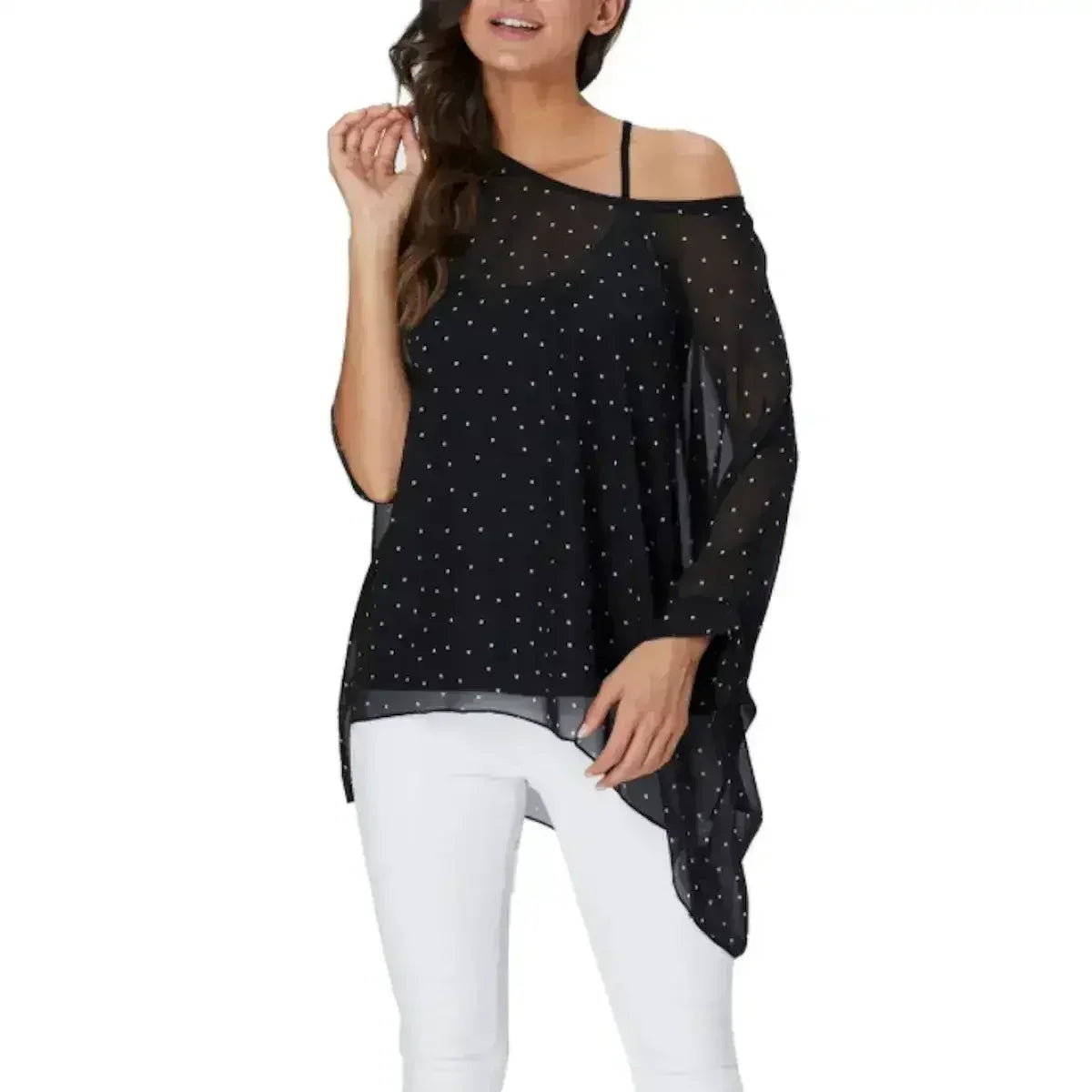 Black Polkadot Chiffon Tunic Top - Batwing Sleeves | Femstylo - SJB-DIAMOND ELITES