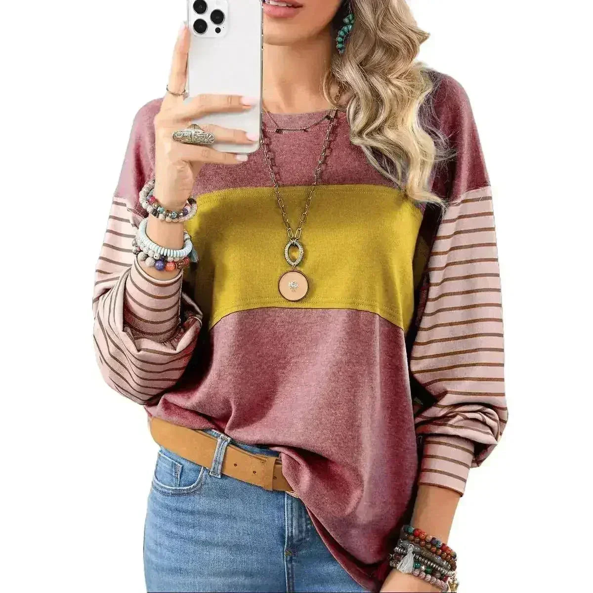 Womens Long Sleeve Pullover Tops Striped Basice T-shirt - SJB-DIAMOND ELITES