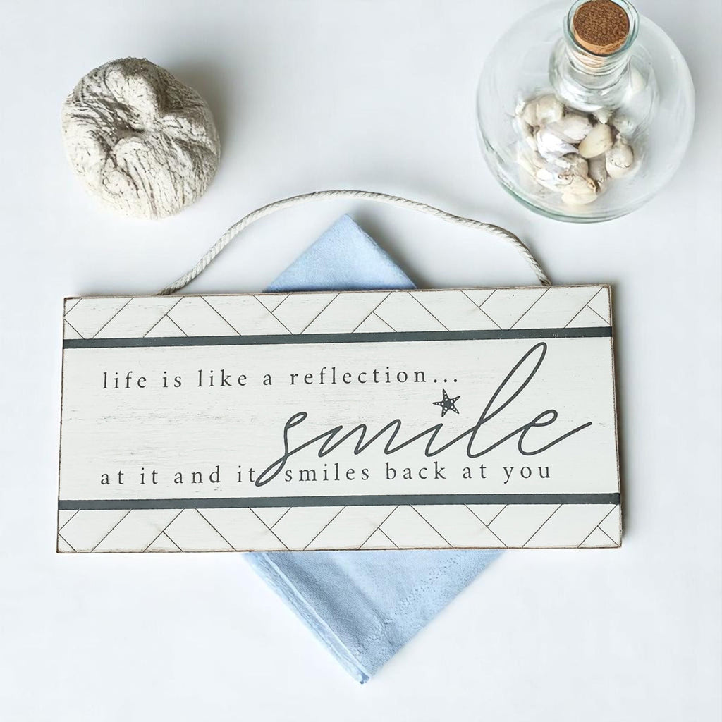 Smile Beach Wooden Wall Sign 11x5 Coastal Starfish Decor Modern Geometric BandsCo Straps