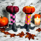 Witch Leg Pillar Candle Holder Halloween Decor Striped Boots Glitter BandsCo Straps