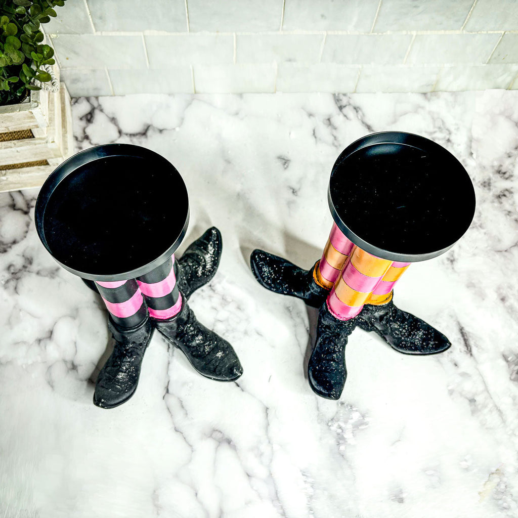 Witch Leg Pillar Candle Holder Halloween Decor Striped Boots Glitter BandsCo Straps