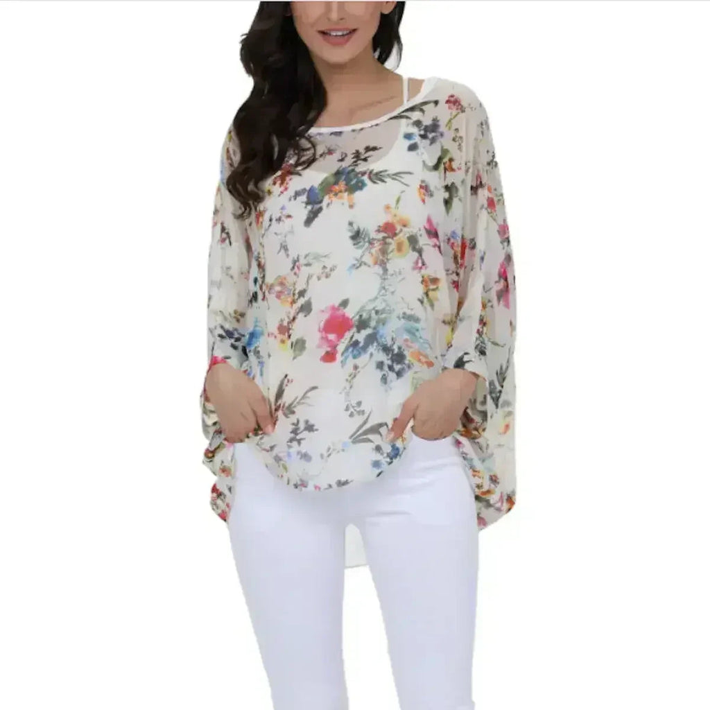 White Floral Chiffon Tunic Top - Summer Cover-Up | Femstylo - SJB-DIAMOND ELITES