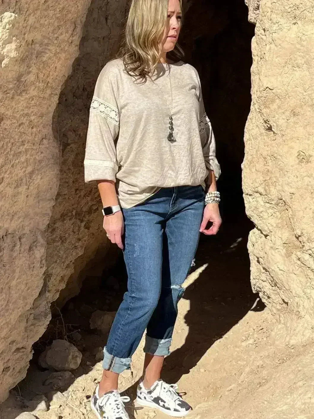 Oatmeal Lace Detail Sleeve Top - SJB-DIAMOND ELITES