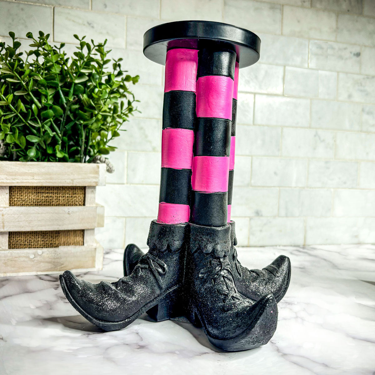 Witch Leg Pillar Candle Holder Halloween Decor Striped Boots Glitter BandsCo Straps
