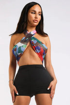 Multiway Retro Paisley Printed Crop Halter Wrap Top One Size RED - SJB-DIAMOND ELITES