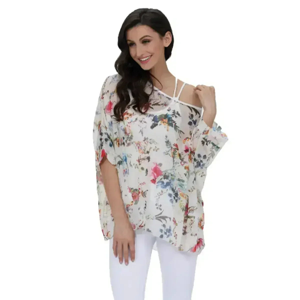 White Floral Chiffon Tunic Top - Summer Cover-Up | Femstylo - SJB-DIAMOND ELITES