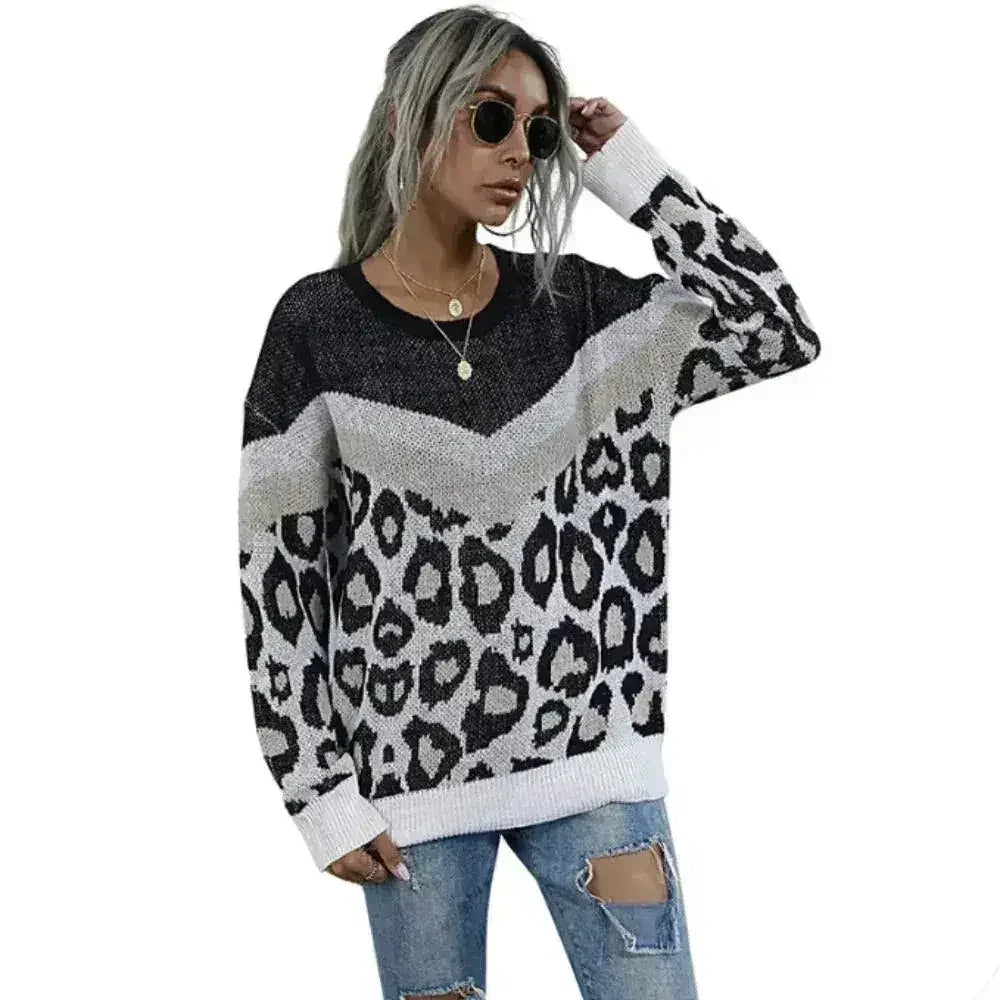 Leopard Print Sweater – Gray Acrylic Knit | Sizes S-L - SJB-DIAMOND ELITES