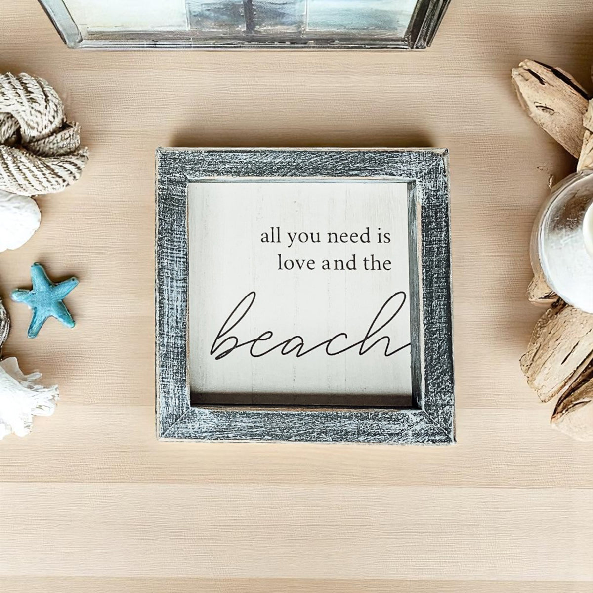 Love And Beach Wooden Sign 5x5 Beach House Wall Decor Distressed Gray Frame BandsCo Straps