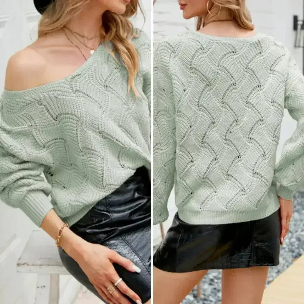 Womens V-Neck Open Knit Sweater - SJB-DIAMOND ELITES