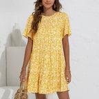Floral A-Line Dress with Ruffle Sleeves - Spring Cotton Dress