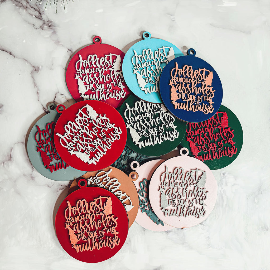 Funny Sarcastic Christmas Ornament Wooden Jolliest Bunch 12 Colors Holiday Gift BandsCo Straps