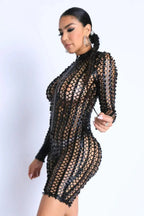 Sexy Club Outfit Romper Long Sleeve Cutting Mesh Bodysuit BLACK