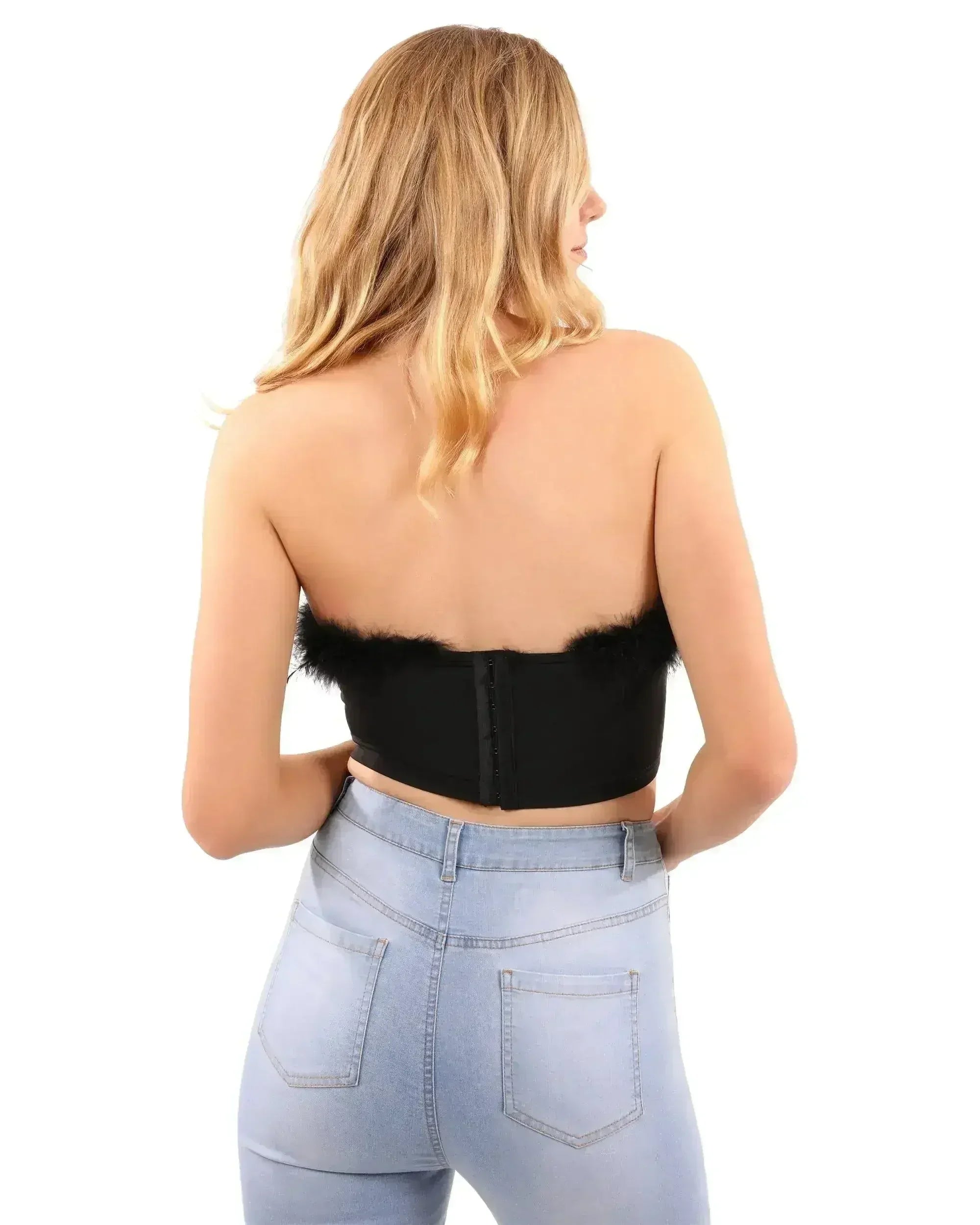 Fur Trim Crop Top | Sexy Black Top | Hook & Eye Back - SJB-DIAMOND ELITES