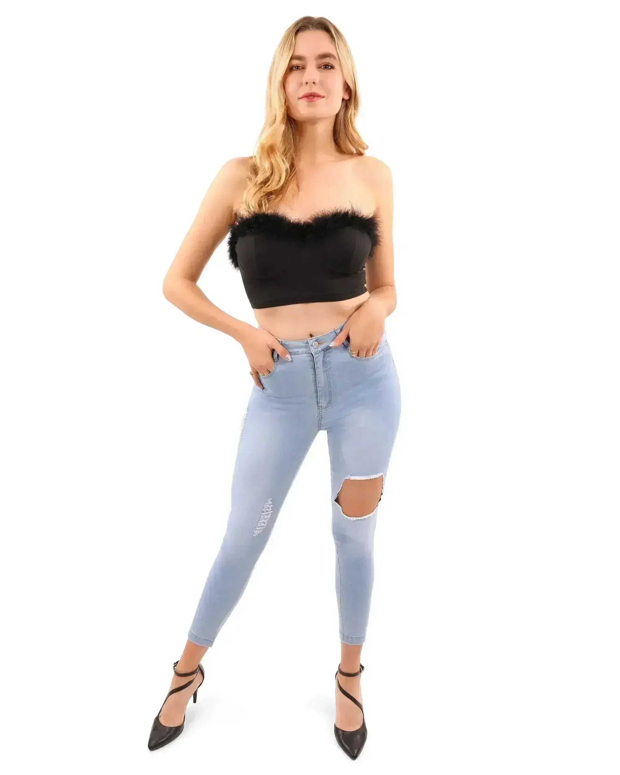 Fur Trim Crop Top | Sexy Black Top | Hook & Eye Back - SJB-DIAMOND ELITES