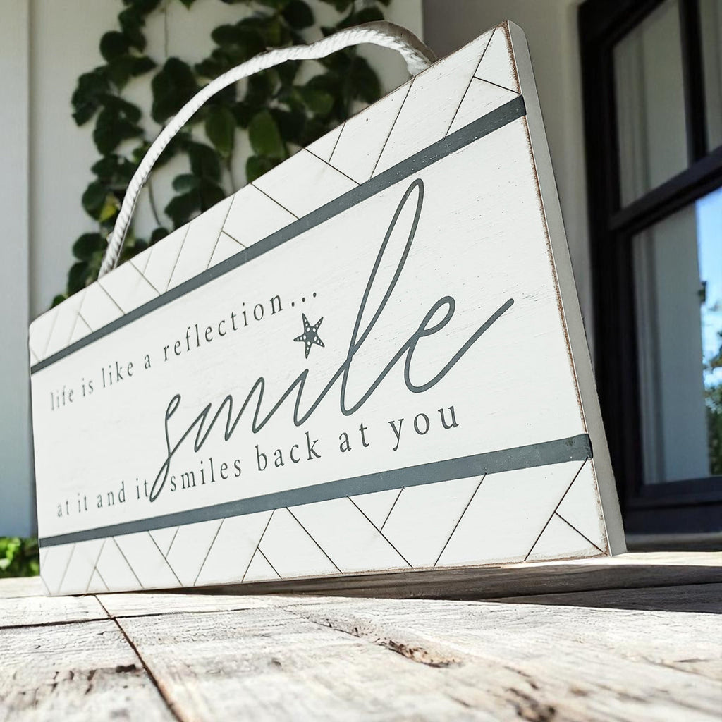 Smile Beach Wooden Wall Sign 11x5 Coastal Starfish Decor Modern Geometric BandsCo Straps