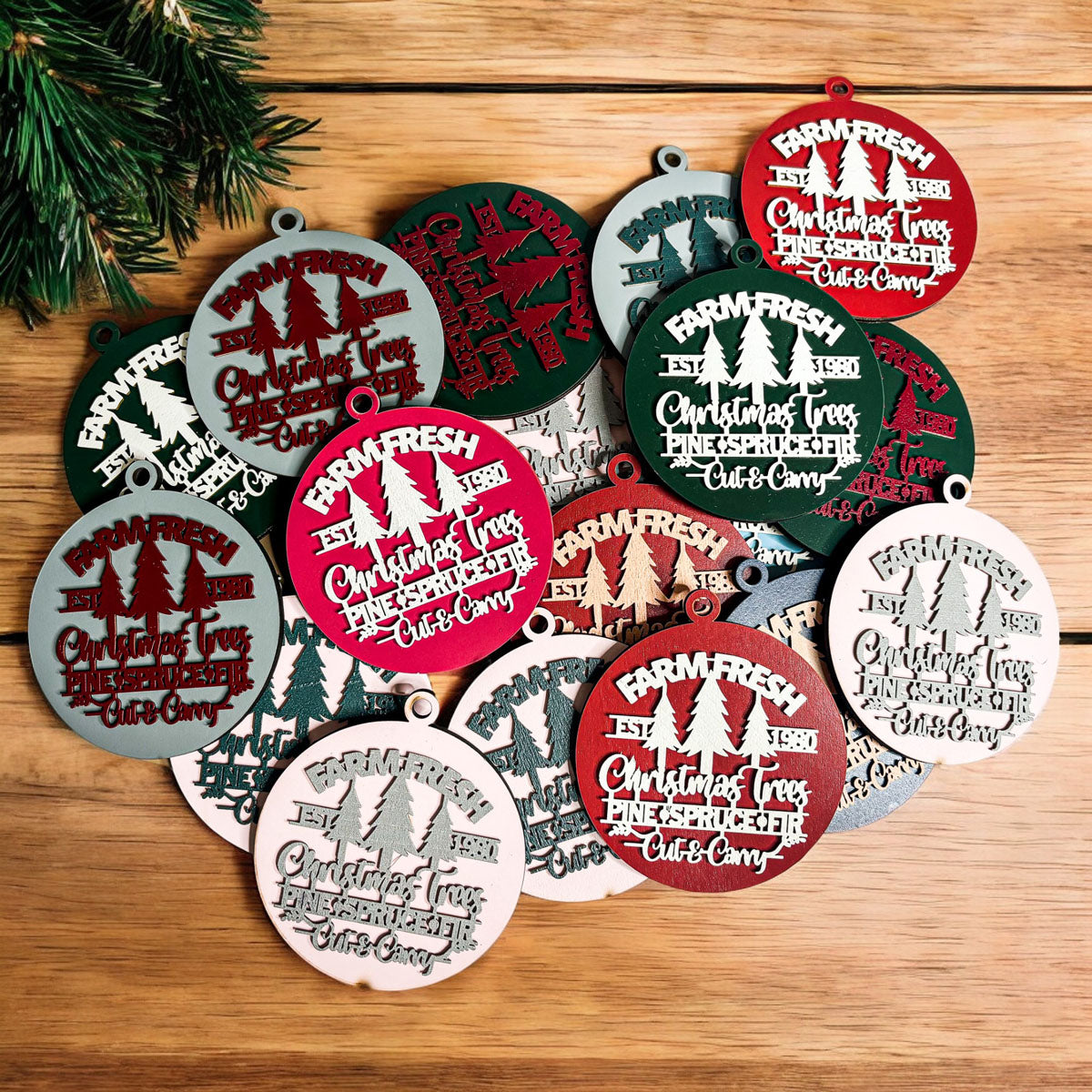 Farm Fresh Wooden Christmas Tree Ornament - Vintage Farmhouse Rustic Tree Trio BandsCo Straps