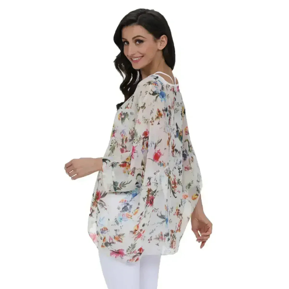 White Floral Chiffon Tunic Top - Summer Cover-Up | Femstylo - SJB-DIAMOND ELITES
