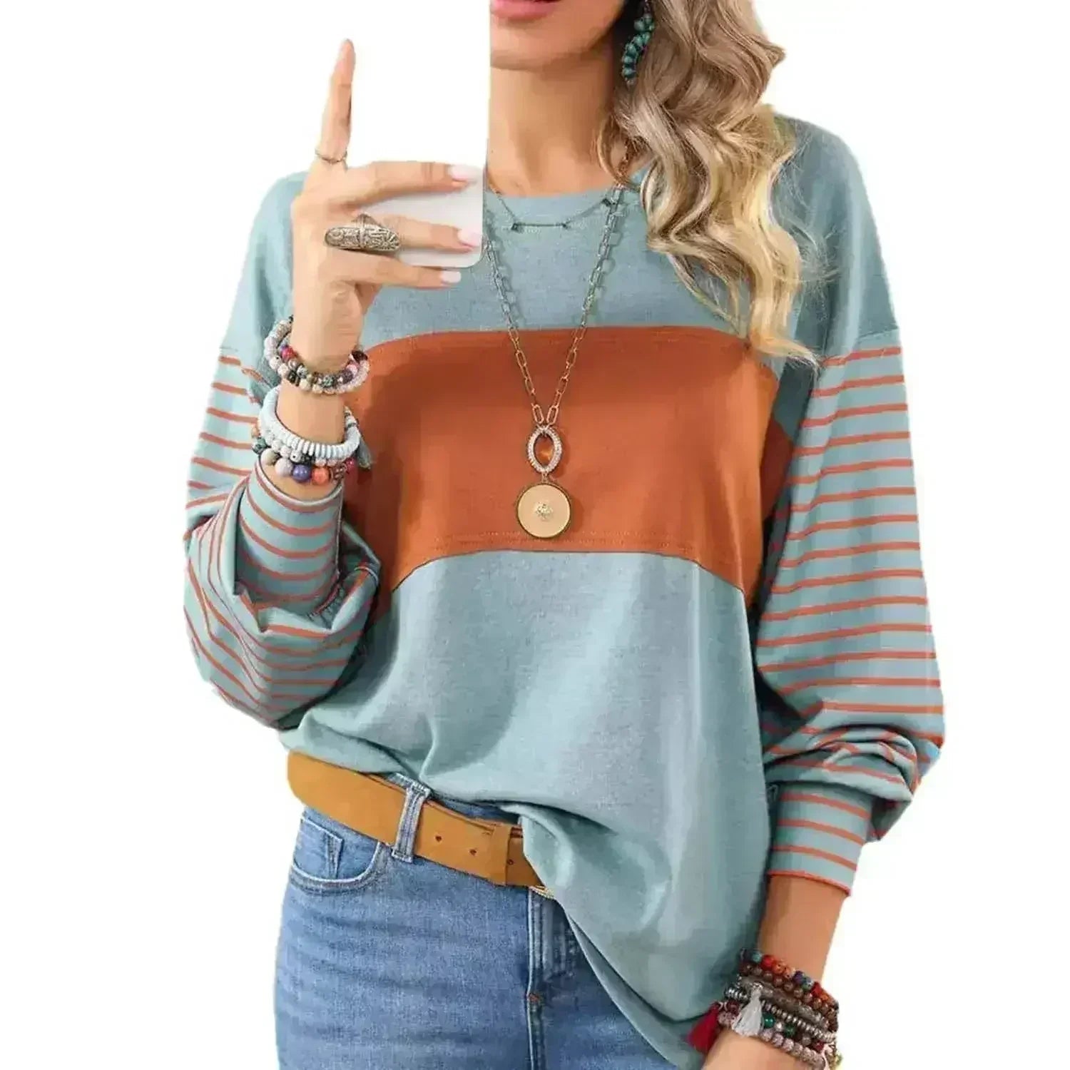 Womens Long Sleeve Pullover Tops Striped Basice T-shirt - SJB-DIAMOND ELITES