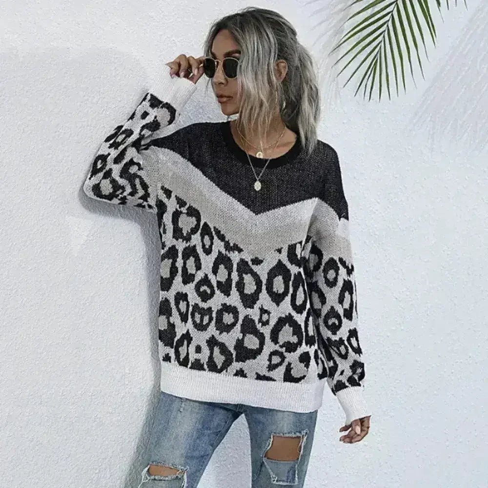 Leopard Print Sweater – Gray Acrylic Knit | Sizes S-L - SJB-DIAMOND ELITES