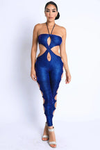 Glittery Cutout Halter Neck Keyhole Sexy Party Jumpsuit BLUE/FUCHSIA
