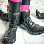 Witch Leg Pillar Candle Holder Halloween Decor Striped Boots Glitter BandsCo Straps